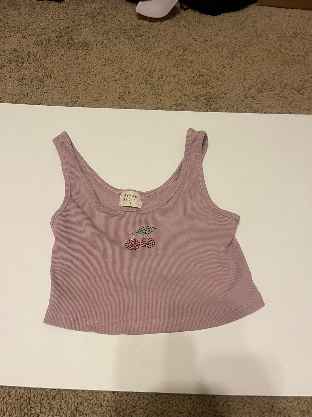 Urban Nation Mauve Ribbed Crop Tank with Cherry Crystal Detail